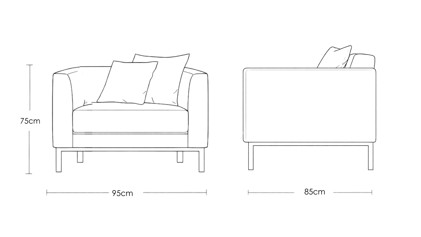 Line drawing of a chair with dimensions labeled on a white background