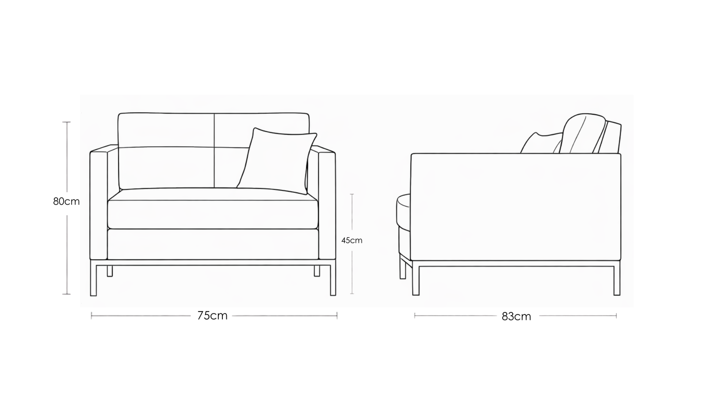 Allen minimalist fabric single seater sofa in neutral upholstery with black metal base and tailored piping – contemporary living room seating - dimension image