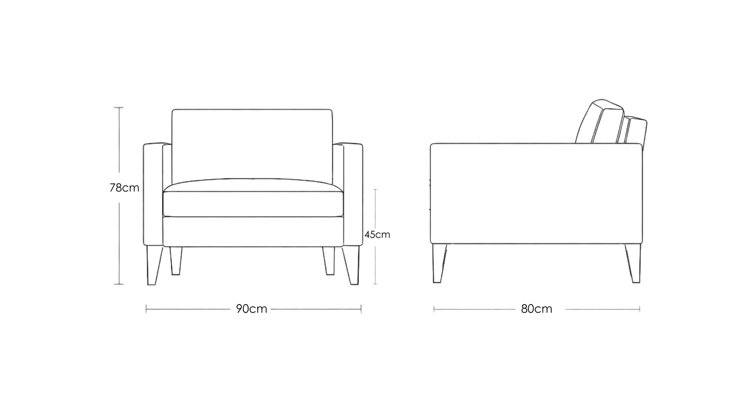 Cyrene W contemporary faux leather single seater sofa with wooden legs in warm tan upholstery dimension drawing