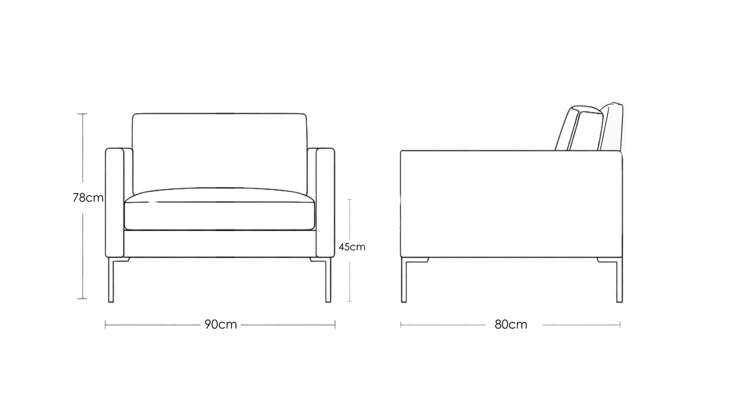 Line drawing of a chair with dimensions labeled