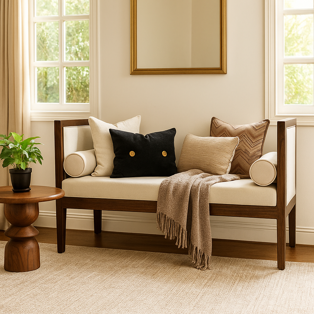 Wooden bench with cushions and a plant in a cozy living room setting.