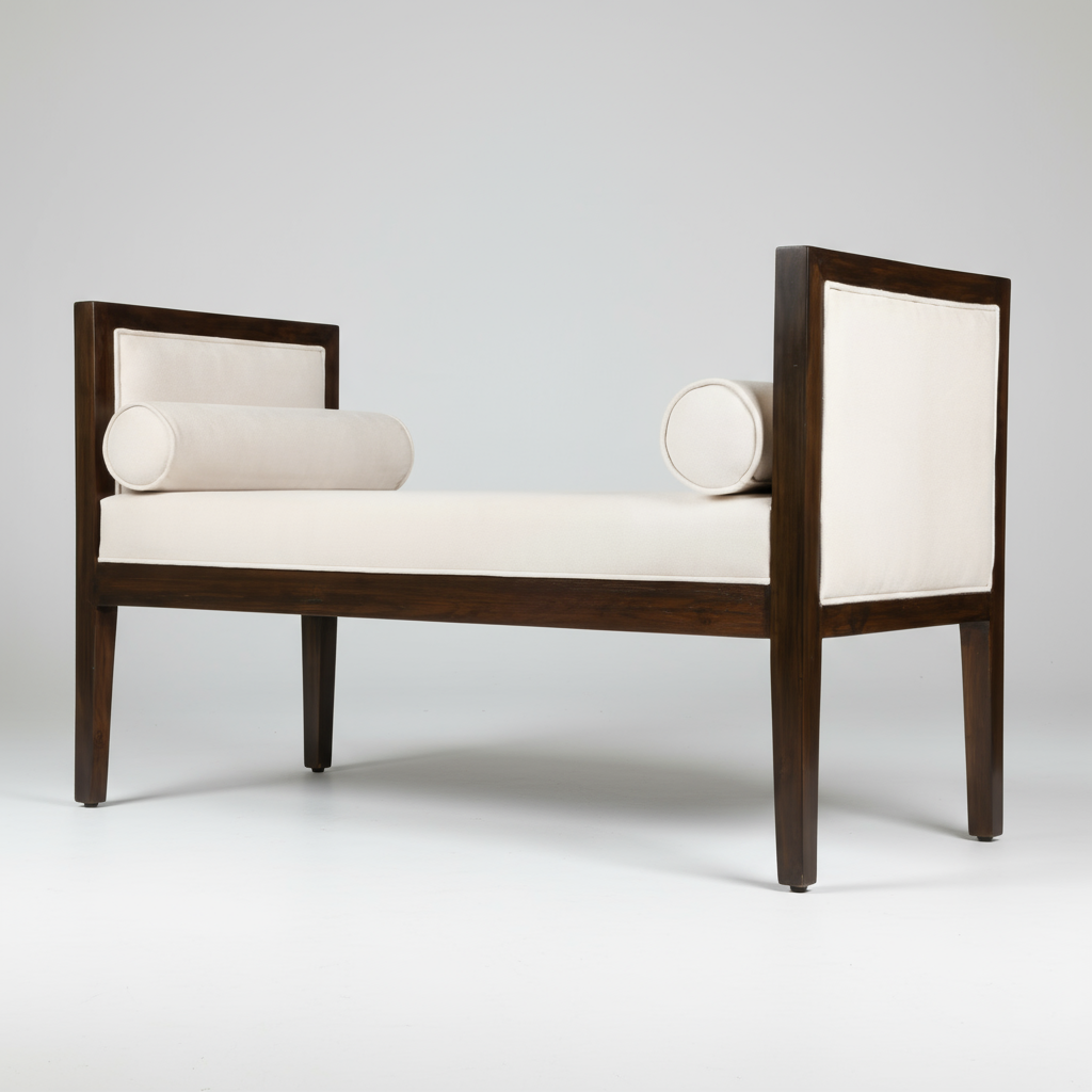 Wooden bench with white cushion on a white background