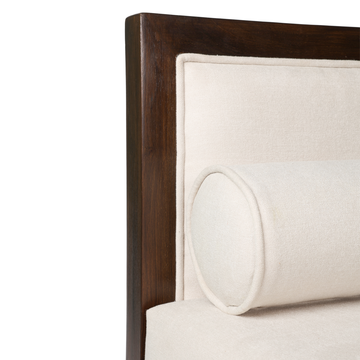 Close-up of a wooden bench with white upholstered panels on a white background