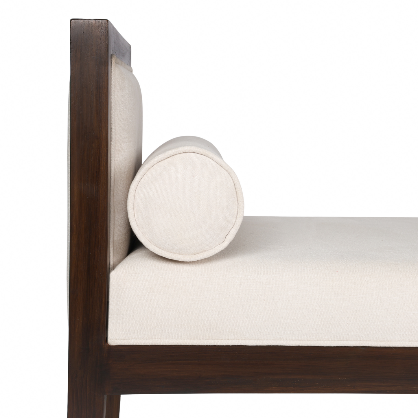 Corner of a bench with wooden frame and white cushioned side on a white background
