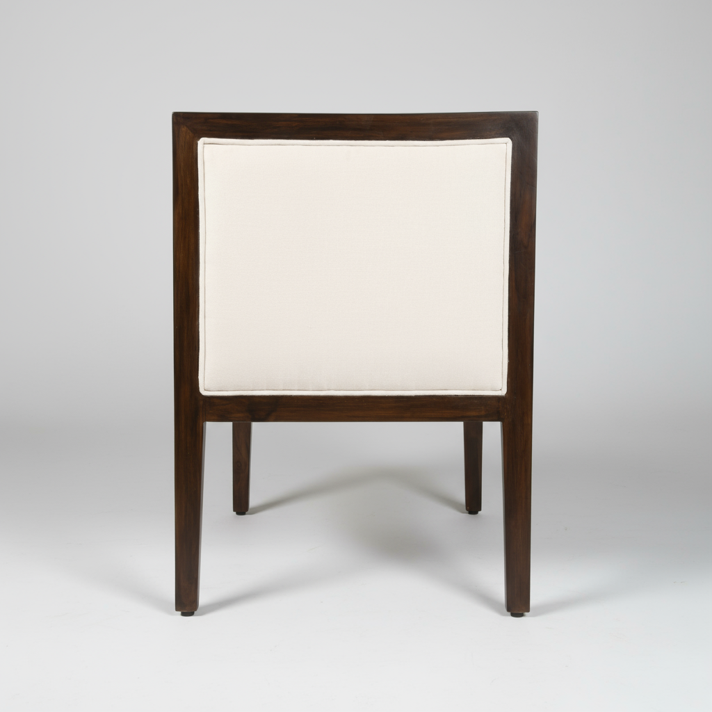 Bench side with wooden frame and white cushion on a white background