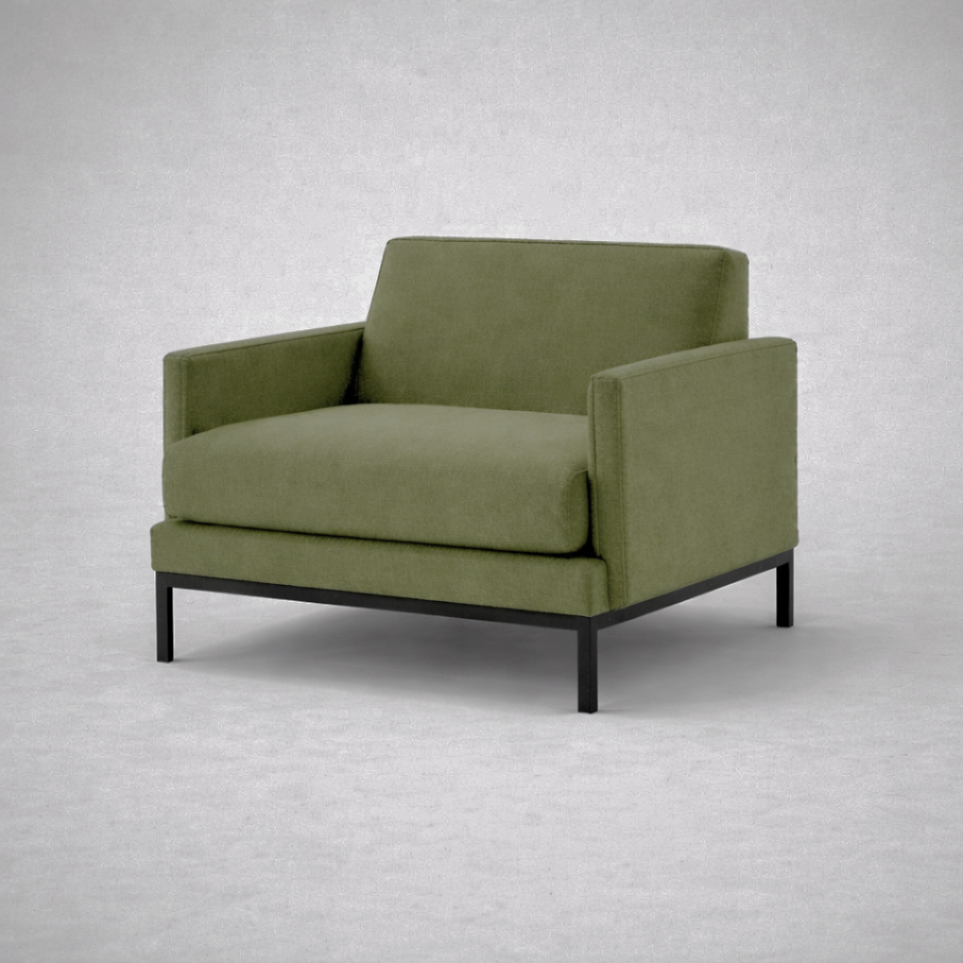 Kathaleen mid-century modern single seater sofa with upholstered seat and slim black metal legs – iso view