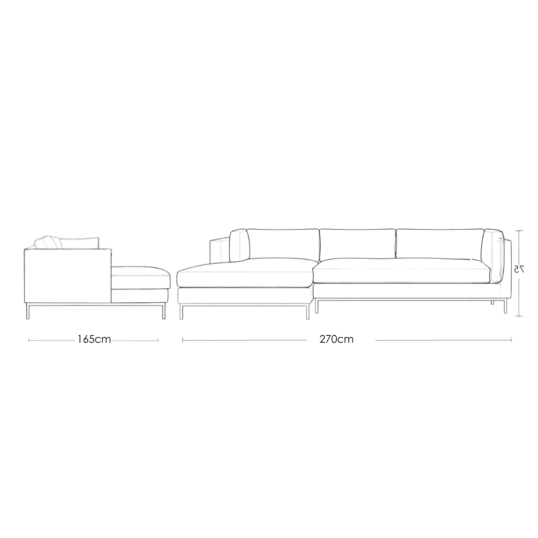 Lira modern sectional sofa with chaise in neutral fabric upholstery and slim metal base for contemporary living rooms – left aligned dimensional image