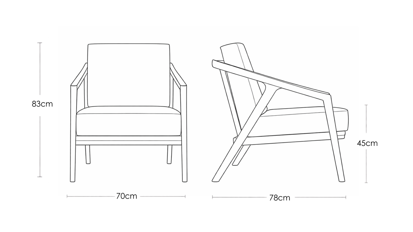 Paula S single seater modern teakwood frame sofa with upholstered cushions – dimension image