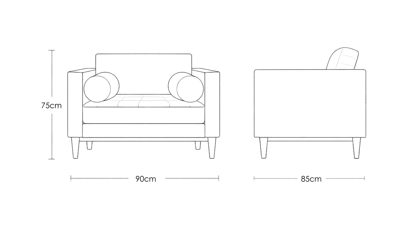 Roan F modern teakwood sofa in textured neutral fabric with bolster cushions and solid wood base for contemporary living rooms – dimension image