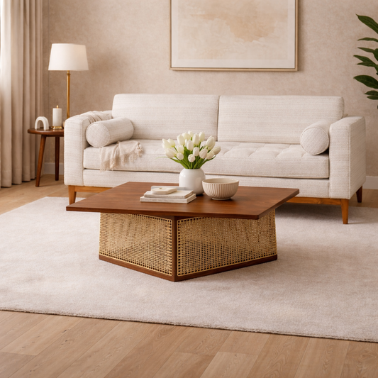 Living room with a beige sofa, wooden coffee table, and decorative items.