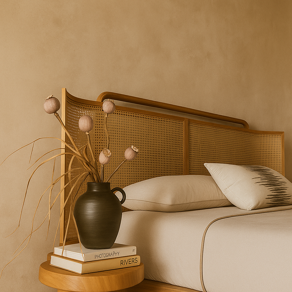 Taru teakwood bed with woven rattan cane headboard in natural finish – headboard detail