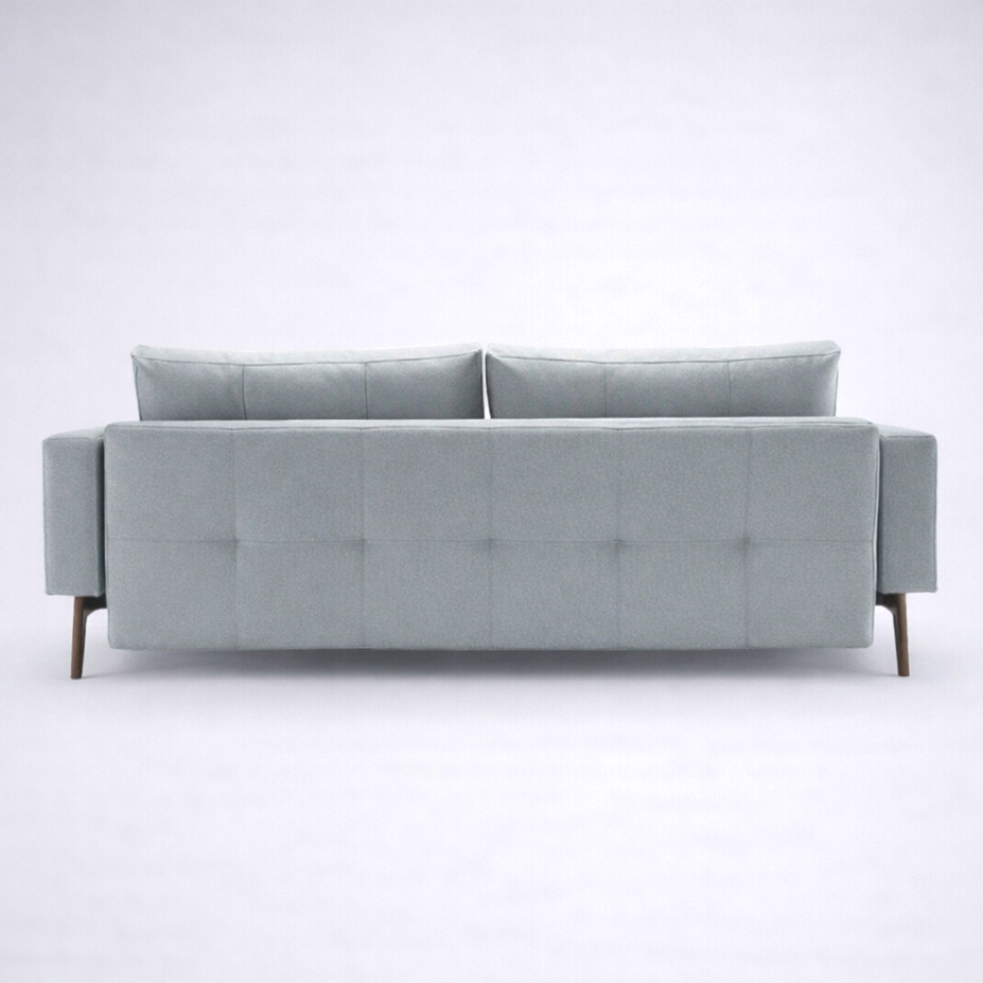 Aalto mid century modern tufted fabric sofa back view with clean tailored upholstery and solid teakwood base