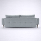 Aalto mid century modern tufted fabric sofa back view with clean tailored upholstery and solid teakwood base