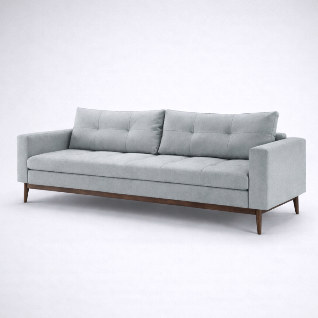 Aalto designer 3 seater sofa with quilted tufted back and wooden base in neutral fabric