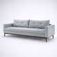 Aalto designer 3 seater sofa with quilted tufted back and wooden base in neutral fabric