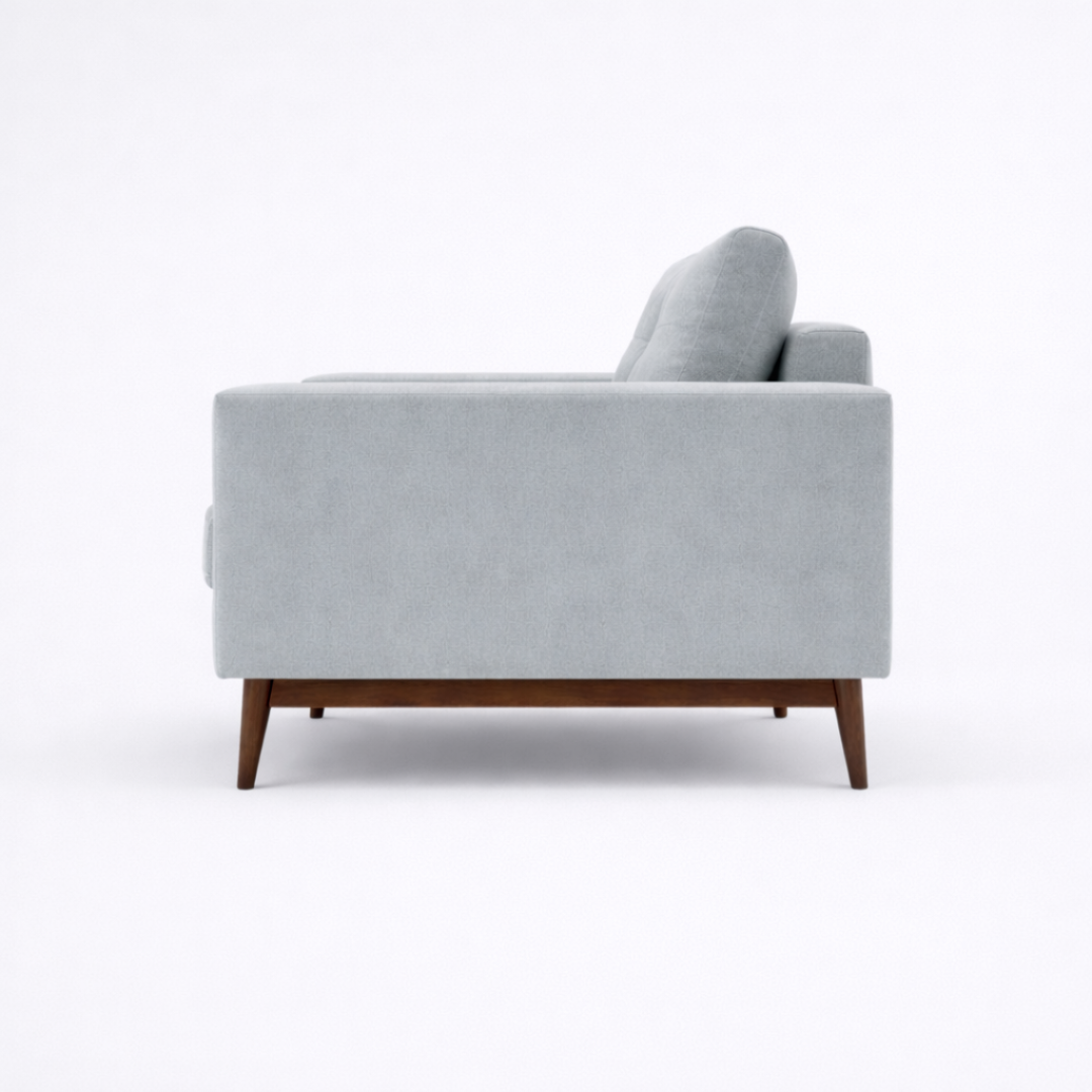 Aalto mid century modern 1 seater lounge sofa with quilted tufted back and solid wood base side angle for Bluedot Design