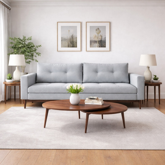 Aalto mid century modern 3 seater lounge sofa with quilted tufted back and seat with teakwood wood base in living room setupfor Bluedot Design