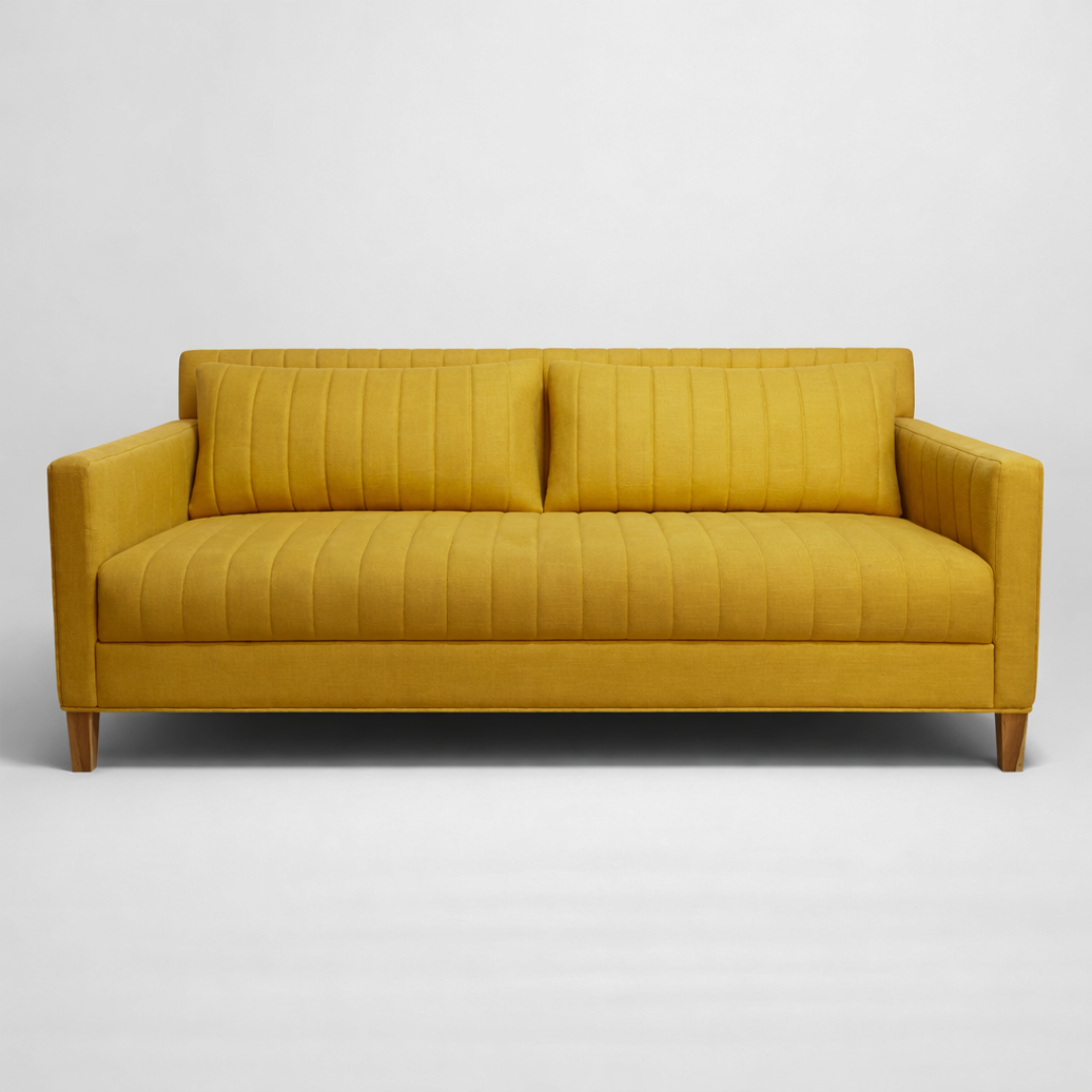 Alexis contemporary mustard channel-tufted three seater sofa by Bluedot Design - front view