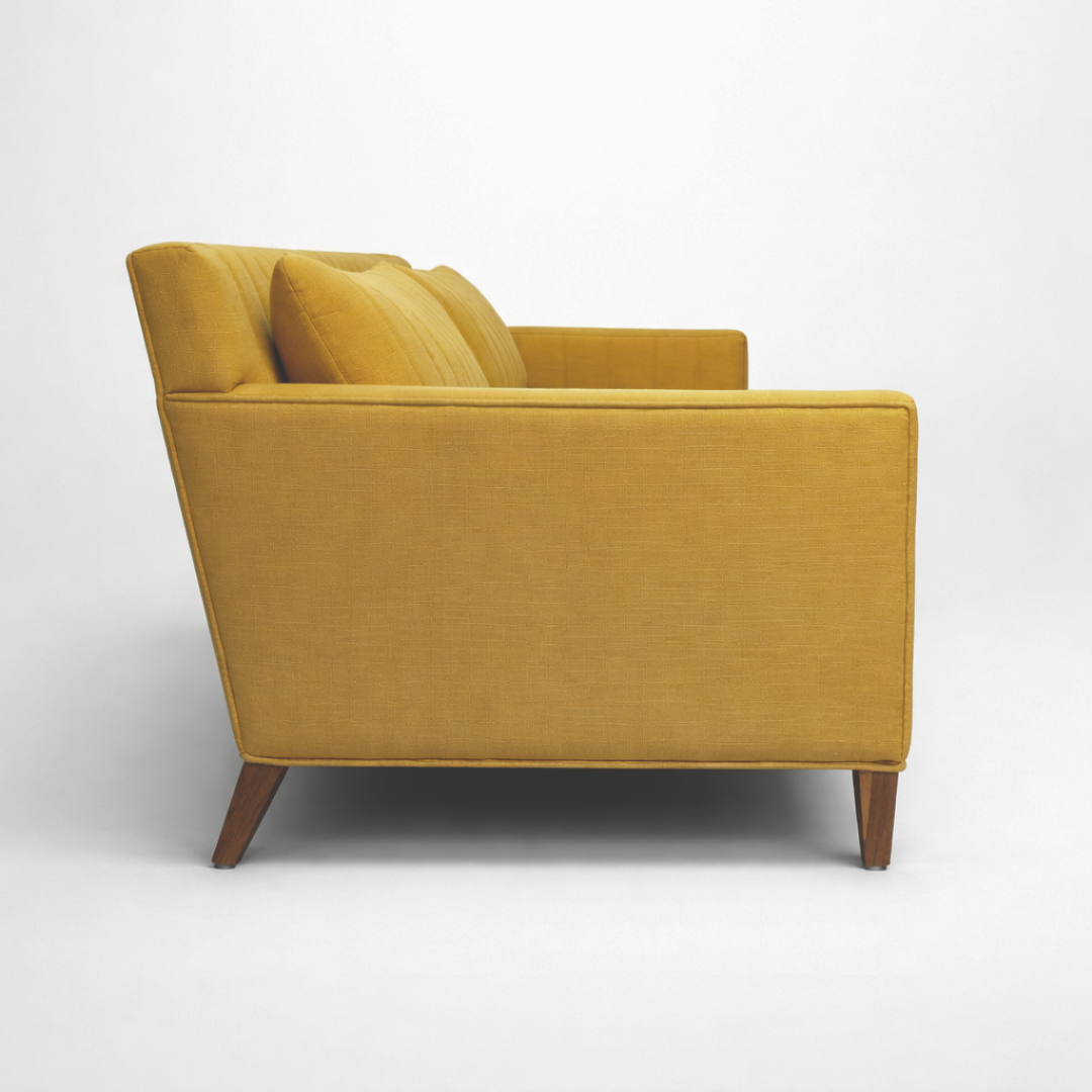Alexis contemporary mustard channel-tufted three seater sofa by Bluedot Design - side view