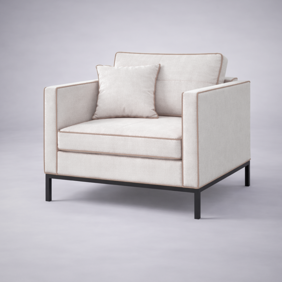 Allen minimalist fabric single seater sofa in neutral upholstery with black metal base and tailored piping – contemporary living room seating - iso view