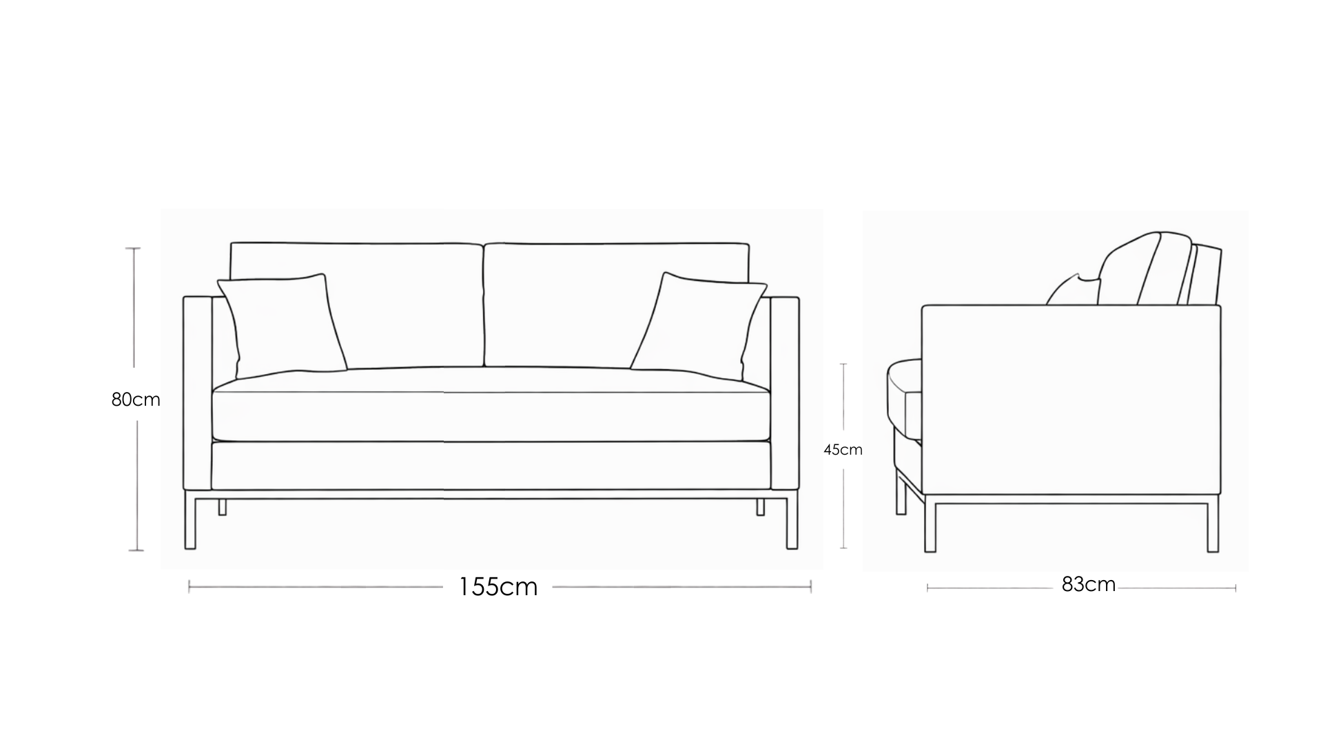 Allen minimalist fabric two seater sofa in neutral upholstery with black metal base and tailored piping – contemporary living room seating - dimensions