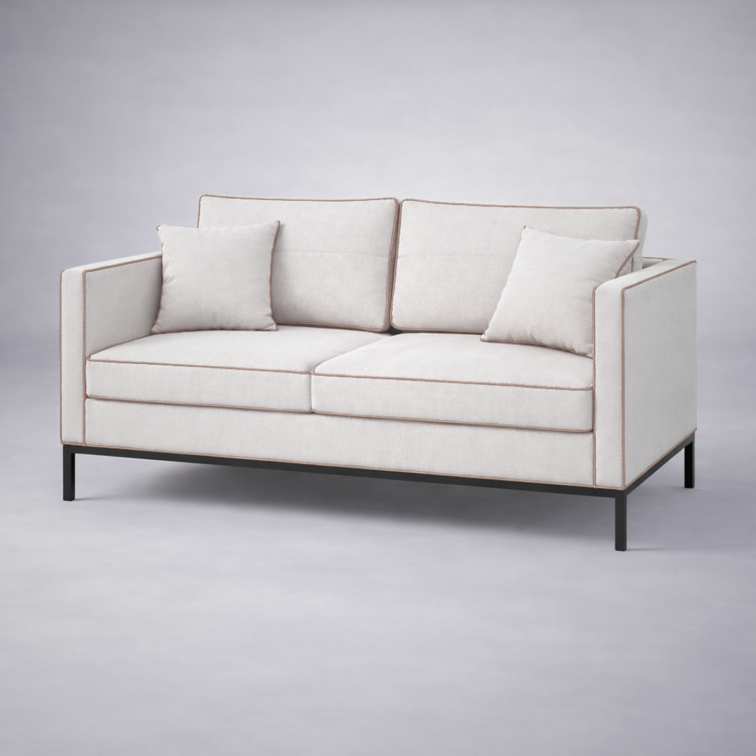 Allen minimalist fabric two seater sofa in neutral upholstery with black metal base and tailored piping – contemporary living room seating - iso view