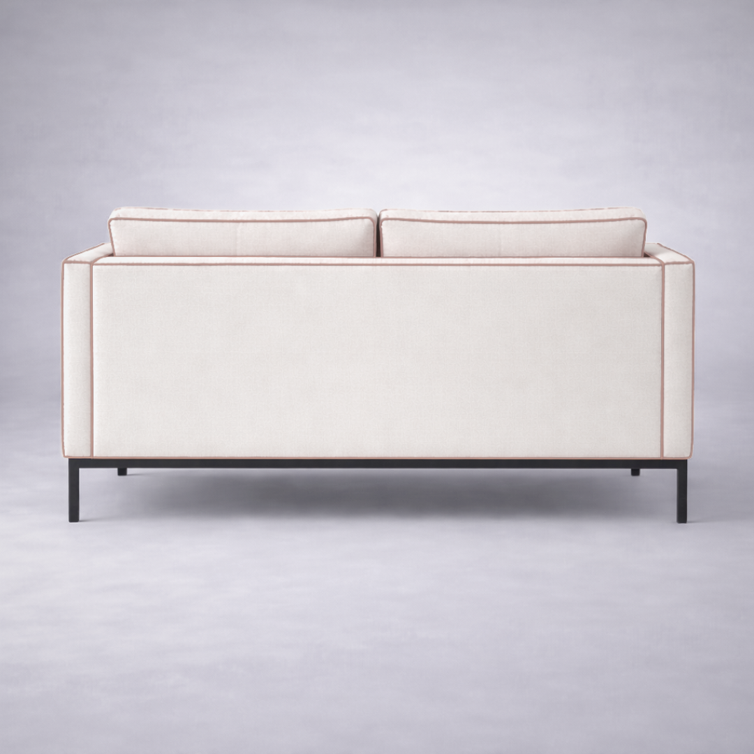 Allen minimalist fabric three seater sofa in neutral upholstery with black metal base and tailored piping – contemporary living room seating- back view
