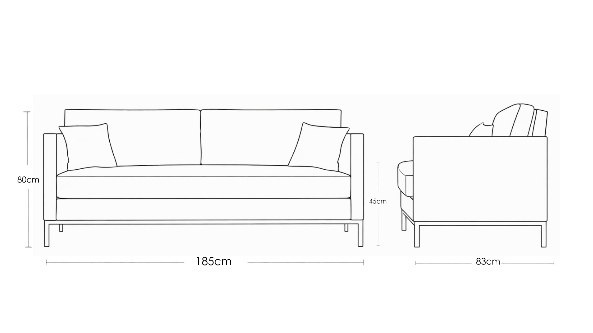 Allen minimalist fabric three seater sofa in neutral upholstery with black metal base and tailored piping – contemporary living room seating - dimension image