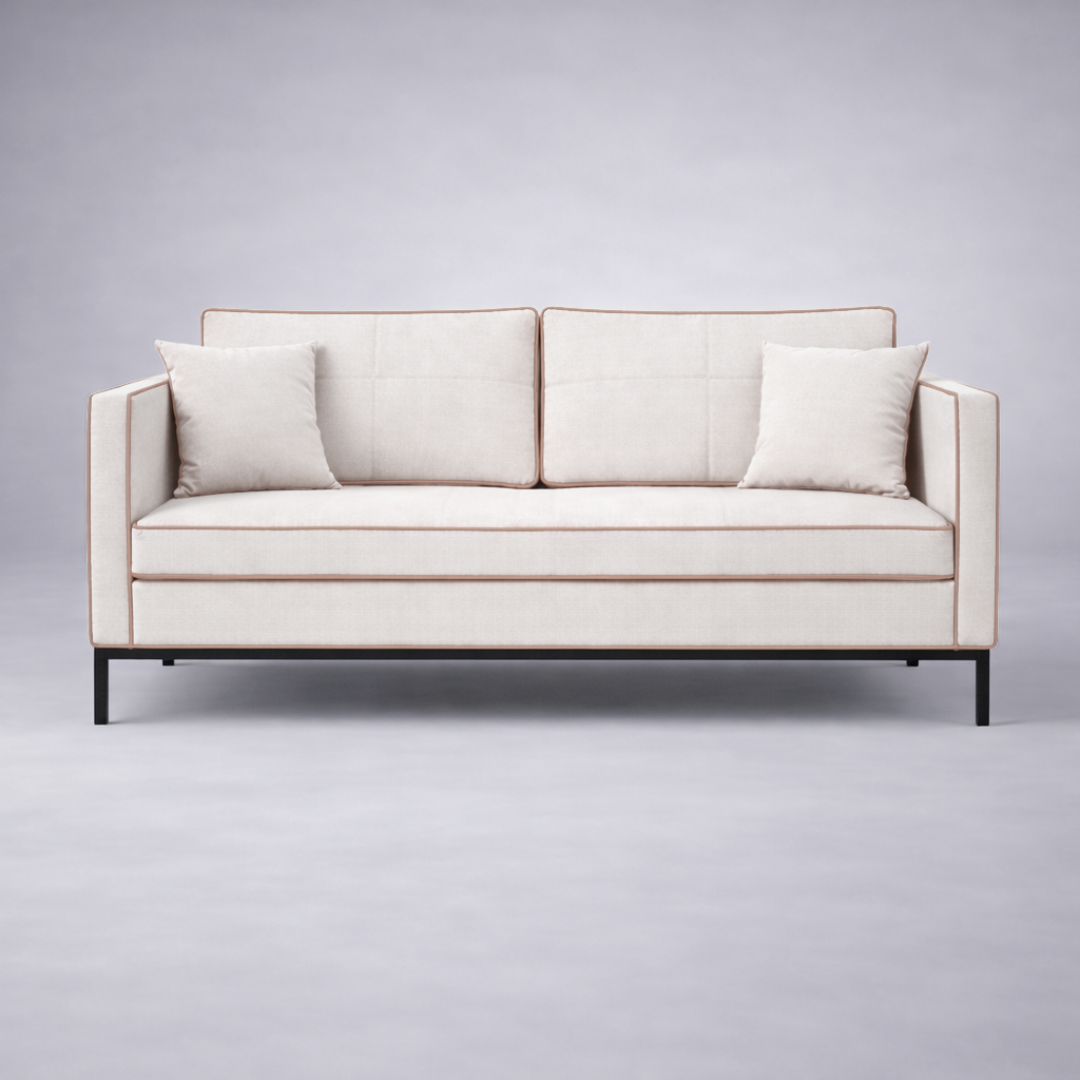 Allen minimalist fabric three seater sofa in neutral upholstery with black metal base and tailored piping – contemporary living room seating - front view