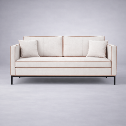 Allen minimalist fabric three seater sofa in neutral upholstery with black metal base and tailored piping – contemporary living room seating - front view