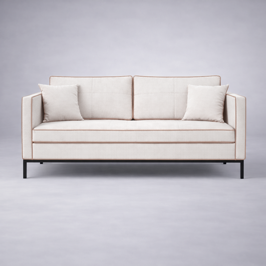 Allen minimalist fabric three seater sofa in neutral upholstery with black metal base and tailored piping – contemporary living room seating - front view