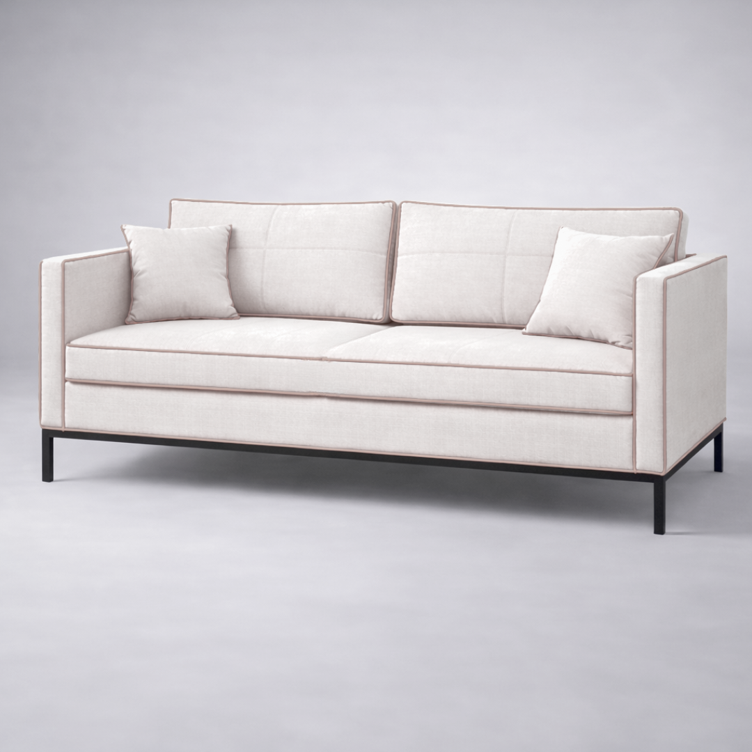 Allen minimalist fabric three seater sofa in neutral upholstery with black metal base and tailored piping – contemporary living room seating- iso view