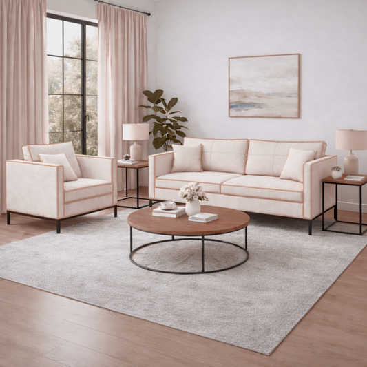 Allen minimalist fabric sofa in neutral upholstery with black metal base and tailored piping – contemporary living room seating