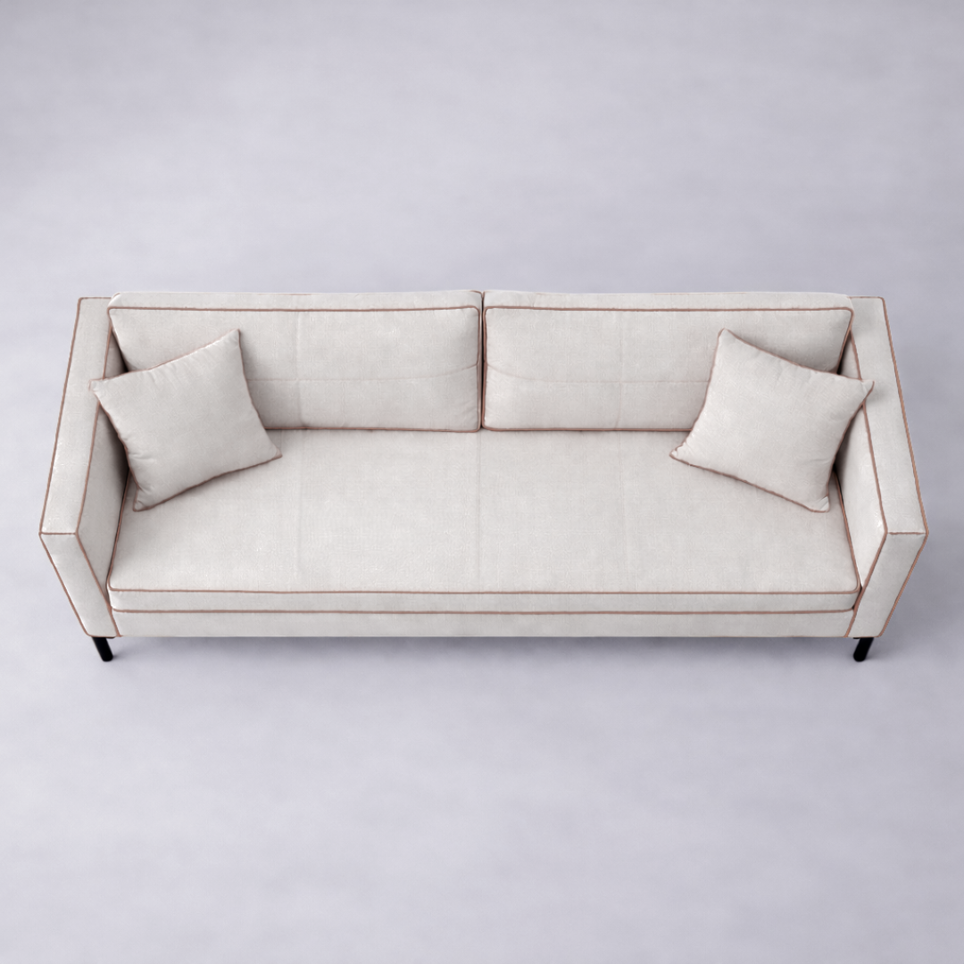 Allen minimalist fabric three seater sofa in neutral upholstery with black metal base and tailored piping – contemporary living room seating - top view