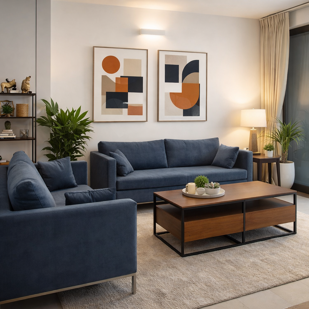 Allen minimalist fabric sofa in neutral upholstery with black metal base and tailored piping – contemporary living room seating