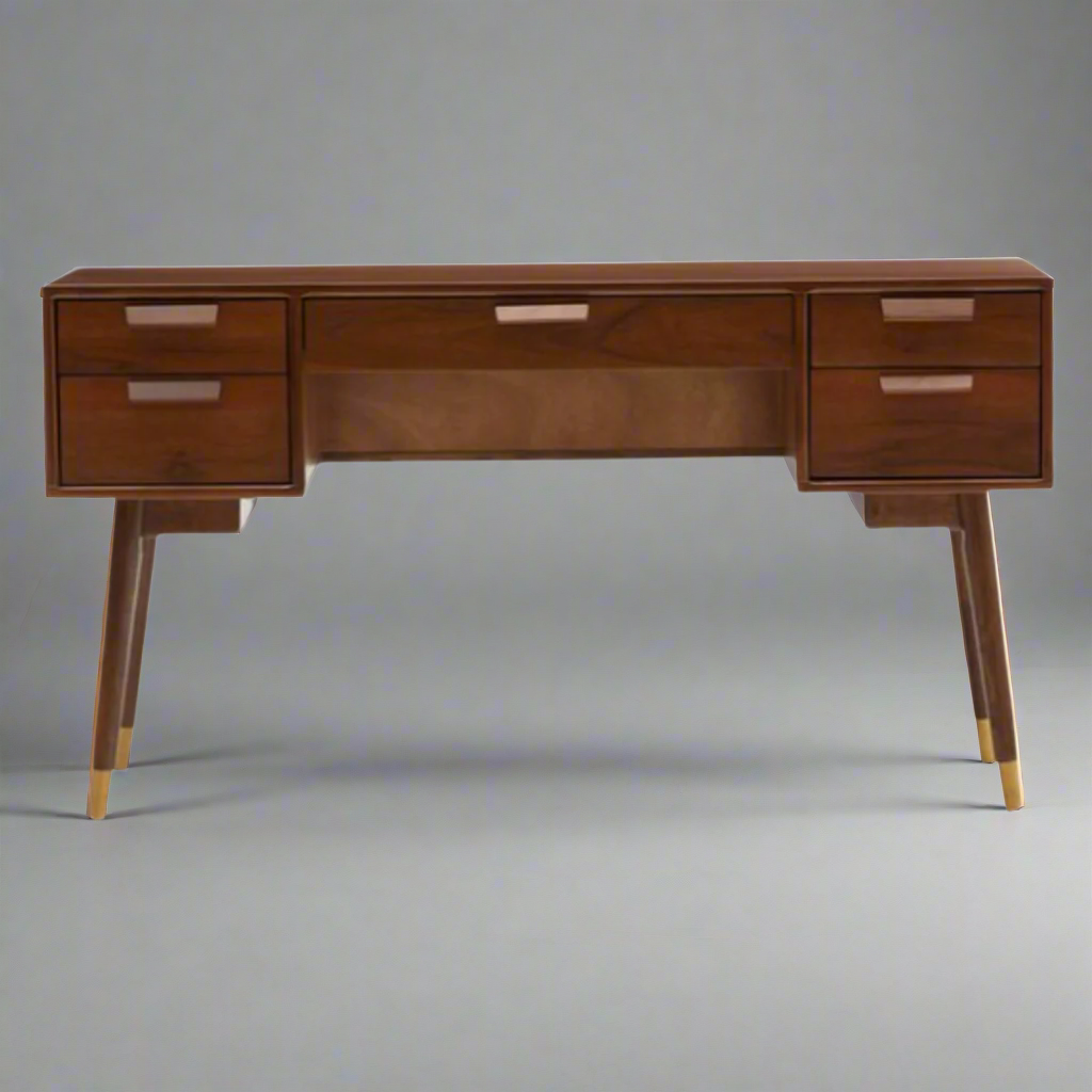 Wooden desk with multiple drawers on a white background