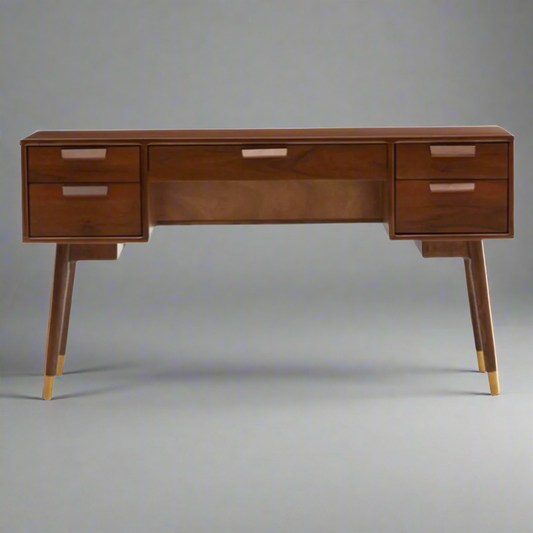 Wooden desk with multiple drawers on a white background