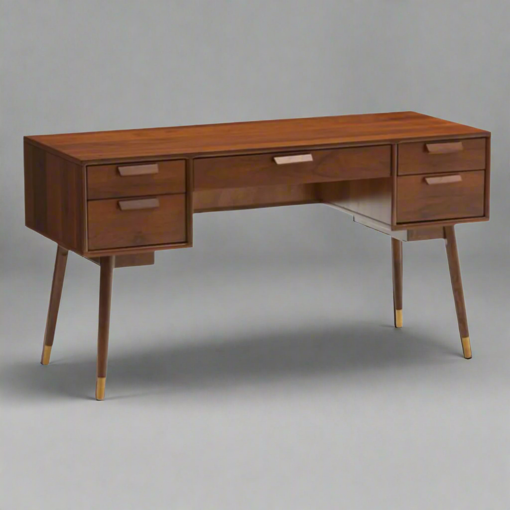 Wooden desk with multiple drawers on a white background