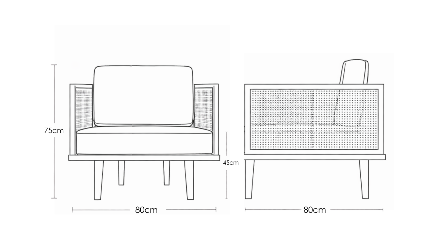 Bruce mid-century modern teakwood single seater sofa with cane side panels and upholstered seat and back cushions – dimension image