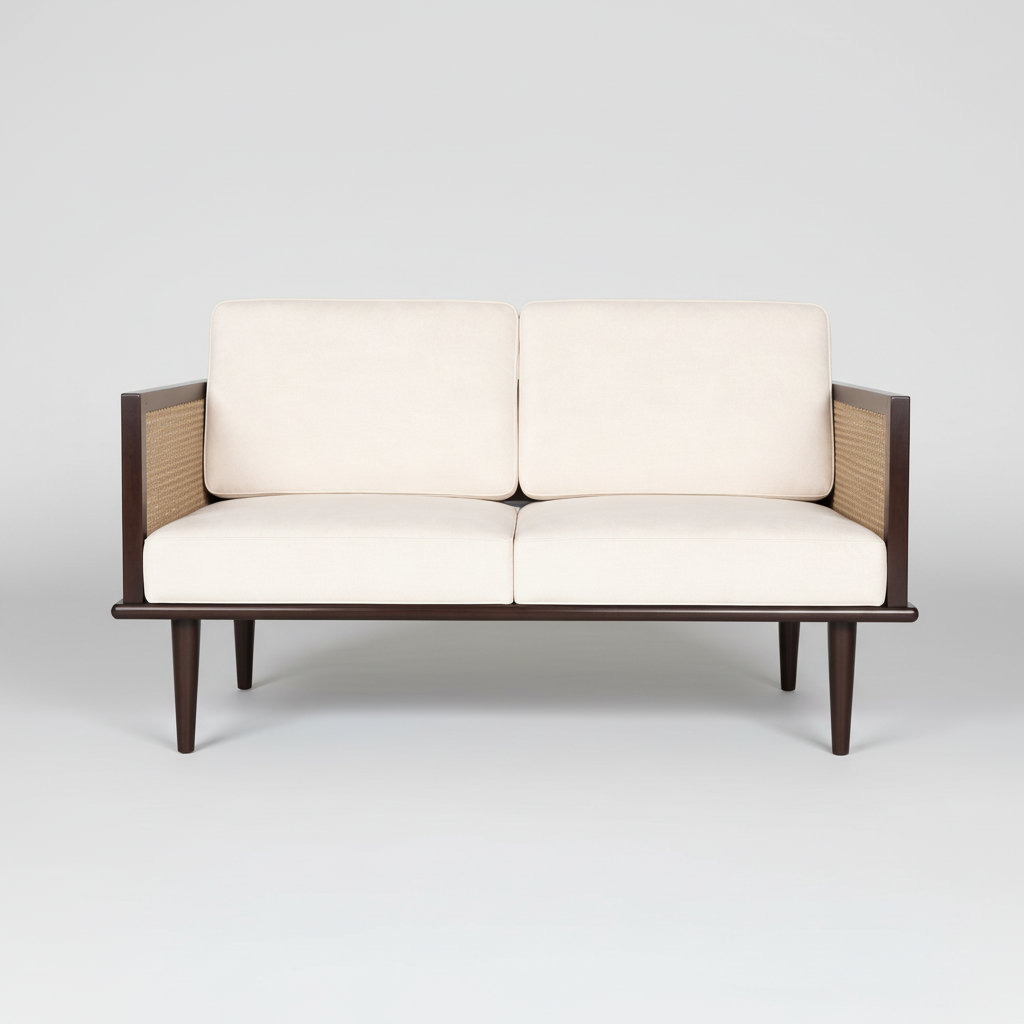 Bruce mid-century modern teakwood two seater sofa with cane side panels and upholstered seat and back cushions – front view