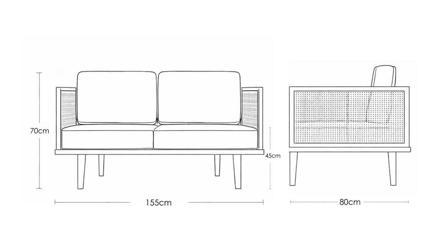 Bruce mid-century modern teakwood two seater sofa with cane side panels and upholstered seat and back cushions – dimension image