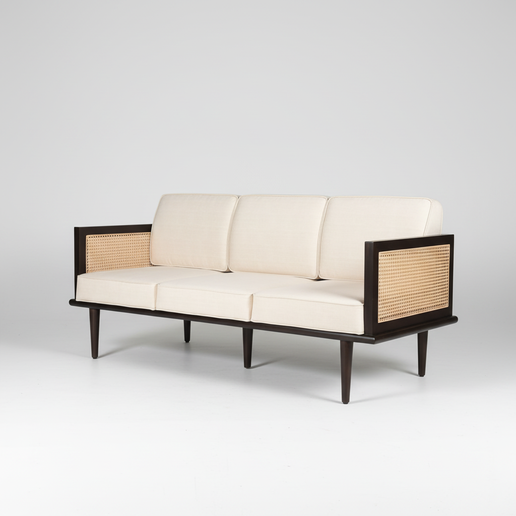 Bruce mid-century modern teakwood three seater sofa with cane side panels and upholstered seat and back cushions – iso view