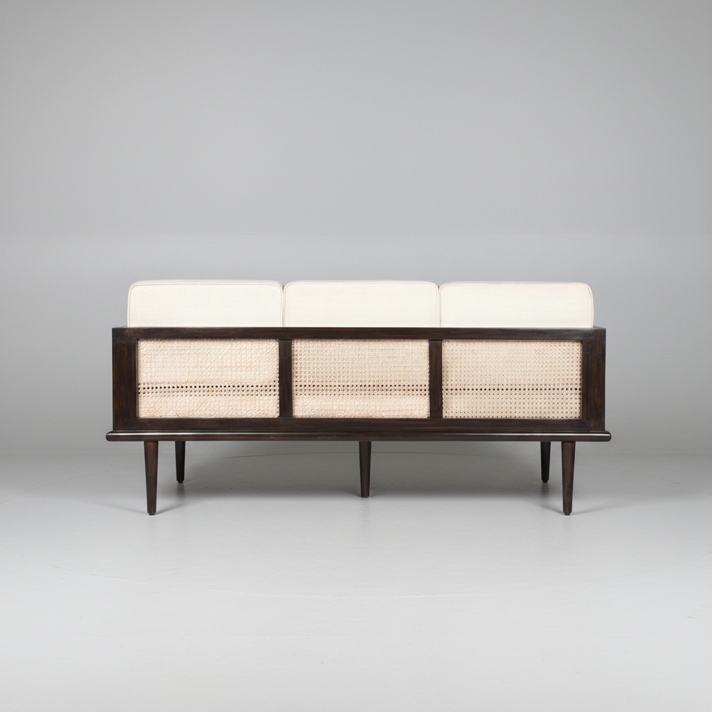 Bruce mid-century modern teakwood sofa with cane side panels and upholstered seat and back cushions – back view