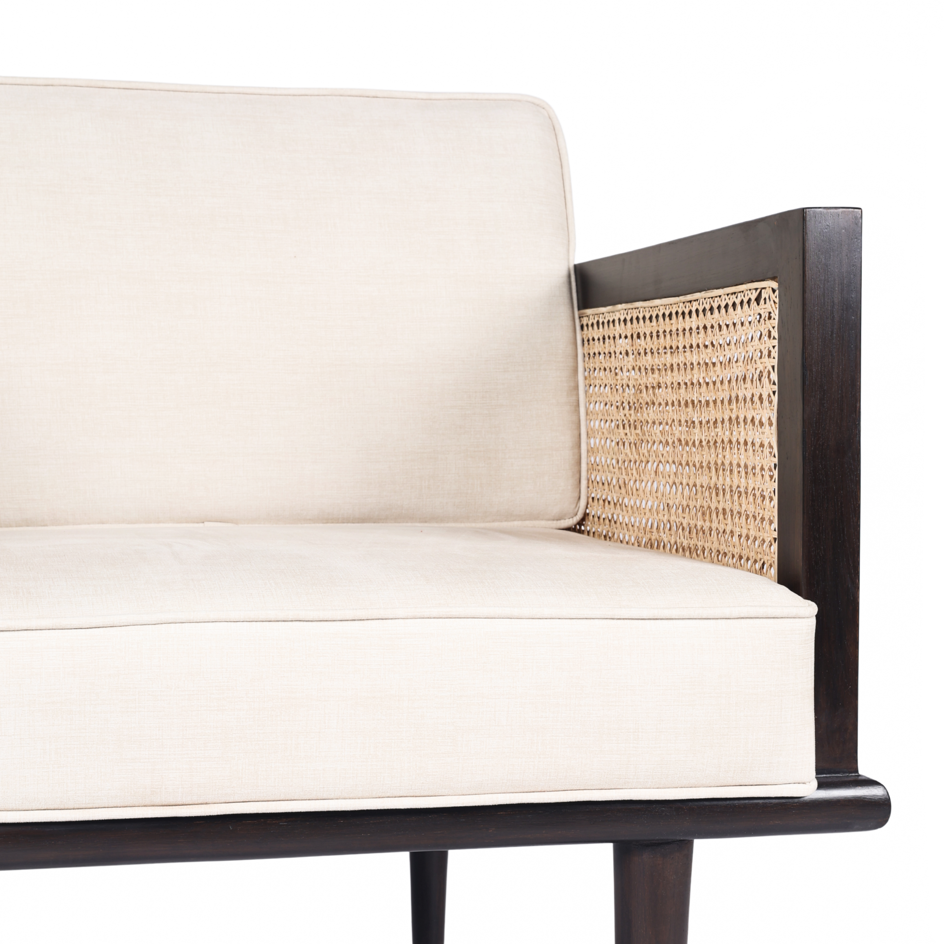 Bruce mid-century modern teakwood sofa with cane side panels and upholstered seat and back cushions – armrest, joinery, fabric and weave detail