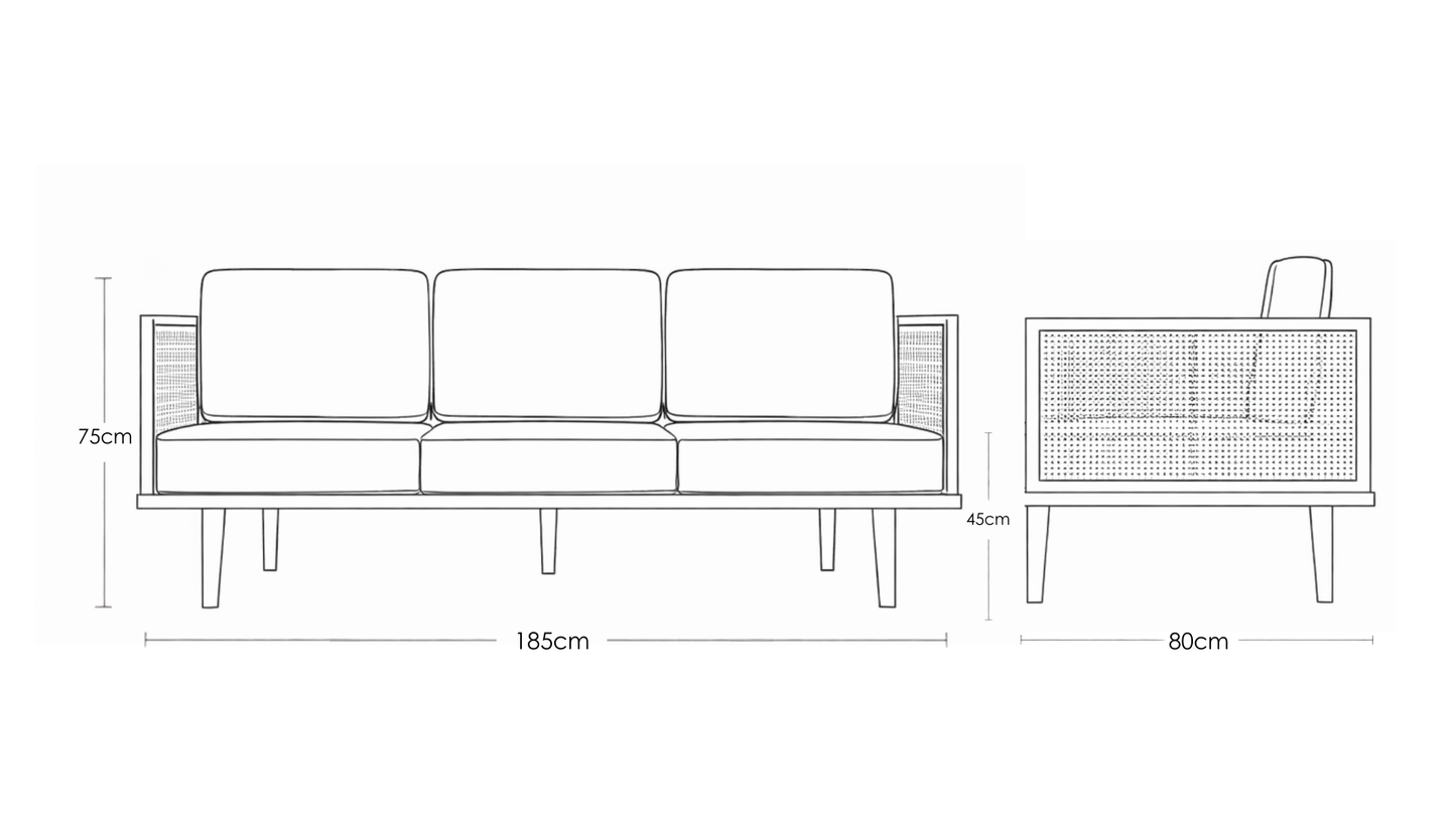 Bruce mid-century modern teakwood three seater sofa with cane side panels and upholstered seat and back cushions – dimension image