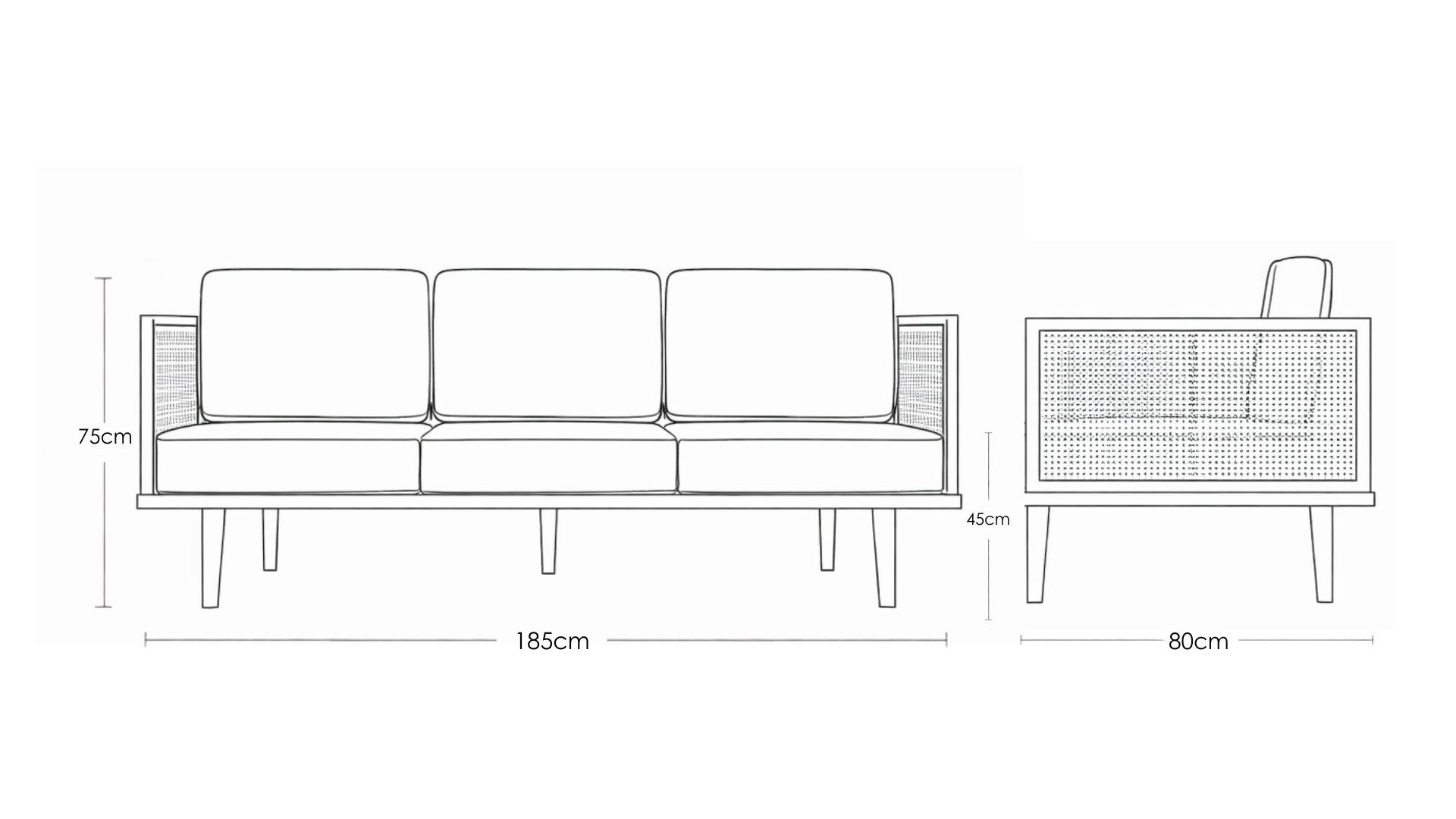 Bruce mid-century modern teakwood three seater sofa with cane side panels and upholstered seat and back cushions – dimension image