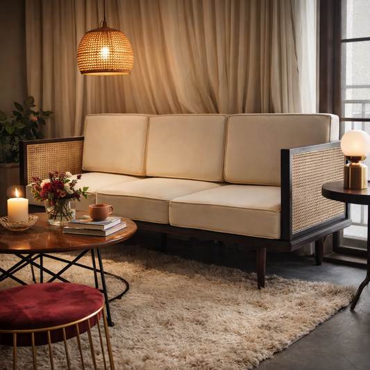 Bruce mid-century modern teakwood three seater sofa with cane side panels and upholstered seat and back cushions – living room_ooty project