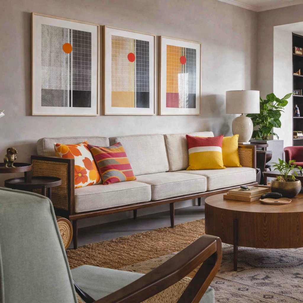 Bruce mid-century modern teakwood sofa with cane side panels and upholstered seat and back cushions – modern living room