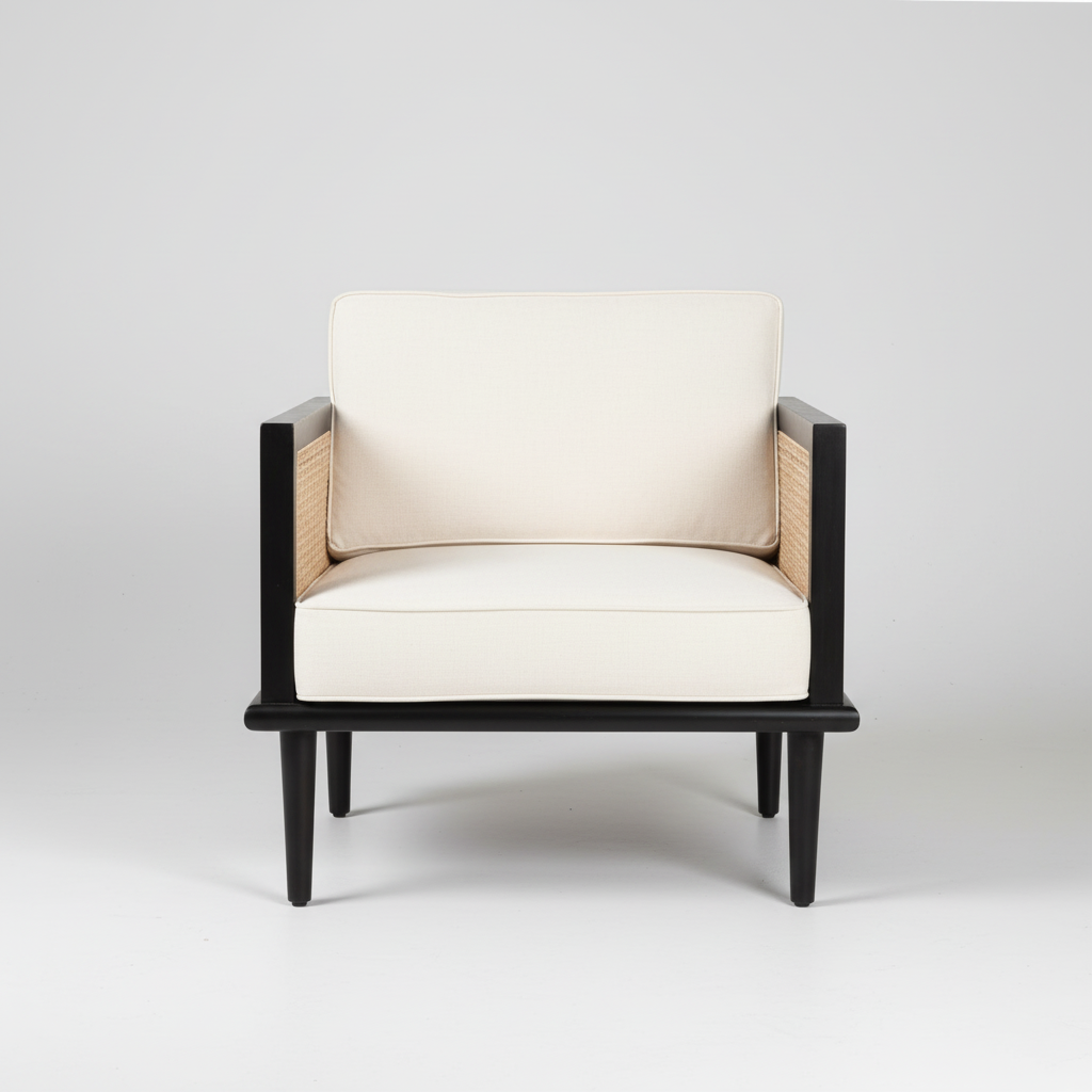 Bruce mid-century modern teakwood single seater sofa with cane side panels and upholstered seat and back cushions – front view