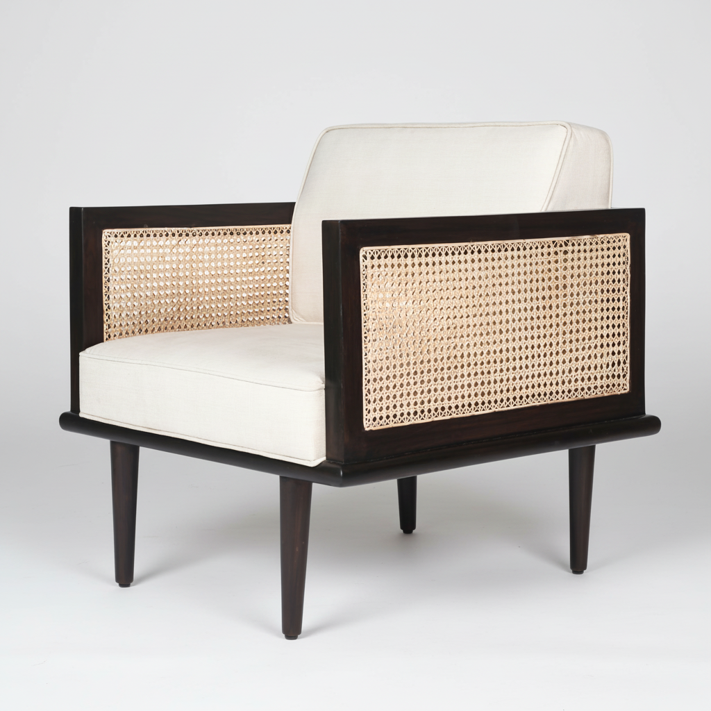 Bruce mid-century modern teakwood single seater sofa with cane side panels and upholstered seat and back cushions – iso view